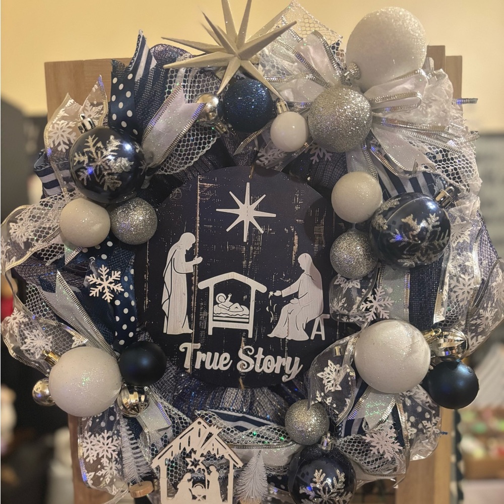 Blue and White Holiday Wreath